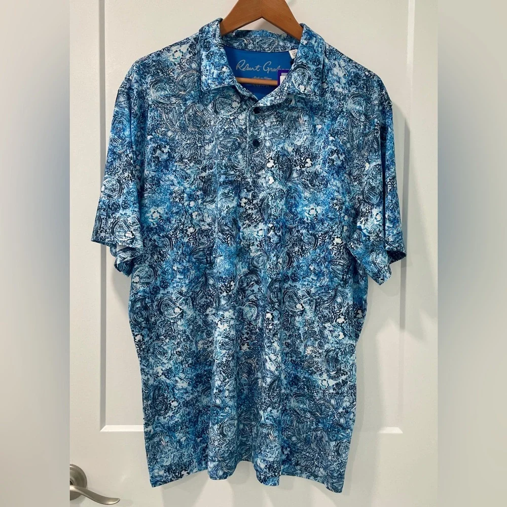 ROBERT GRAHAM Golf Clubhouse Blue Paisley UV Wicking Short Sleeve Polo NWT (XXL - Picture 13 of 13
